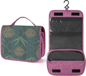 Bamboo Print,Toiletry Bag Travel Bag with Hanging Hook,Oriental Motifs Leaves Eastern,Water-resistant Makeup Cosmetic Bag Travel Organizer for Accessories,Full-size Container,Blue Green