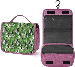 Banana Leaf Print,Toiletry Bag Travel Bag with Hanging Hook,Palm Tree on Modern Backdrop,Water-resistant Makeup Cosmetic Bag Organizer for Makeup Accessories,Green Black White