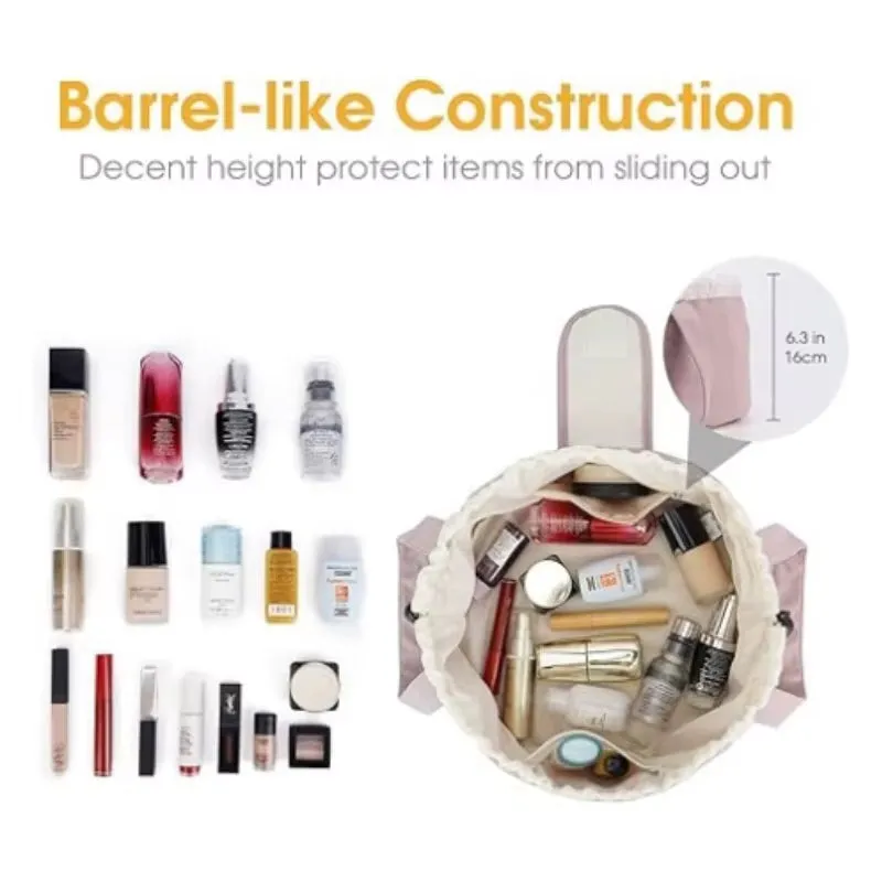 Barrel Drawstring Makeup Bag Large Capacity Women'S Cosmetic Bag Toiletries Organizer Pouch Lady Travel Storage Case