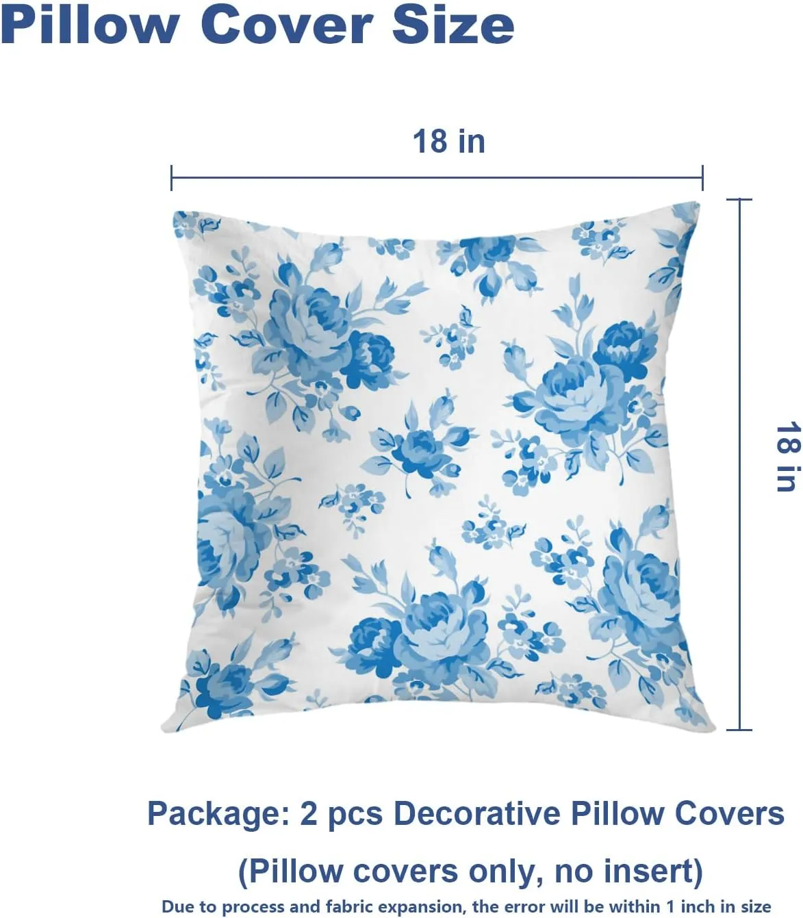 Batmerry Floral Pillow Covers 18x18 Inch Set of 2, Floral Shabby Chic Pink Rose Flowers Blue Double Sided Decorative Pillows Cases Throw Pillows Covers