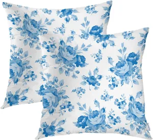 Batmerry Floral Pillow Covers 18x18 Inch Set of 2, Floral Shabby Chic Pink Rose Flowers Blue Double Sided Decorative Pillows Cases Throw Pillows Covers