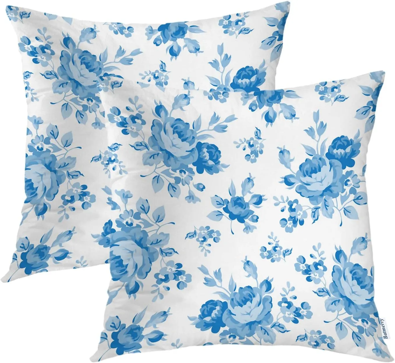 Batmerry Floral Pillow Covers 18x18 Inch Set of 2, Floral Shabby Chic Pink Rose Flowers Blue Double Sided Decorative Pillows Cases Throw Pillows Covers
