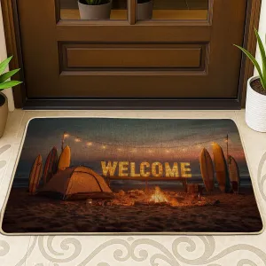Beach Campfire Doormat, Surfboard Welcome Door Mat for Outdoor & Indoor Entrance Summer Decor, Rubber Waterproof Non-Slip Dust Absorbent Front Doormats, Easy Clean 29x17 Inch