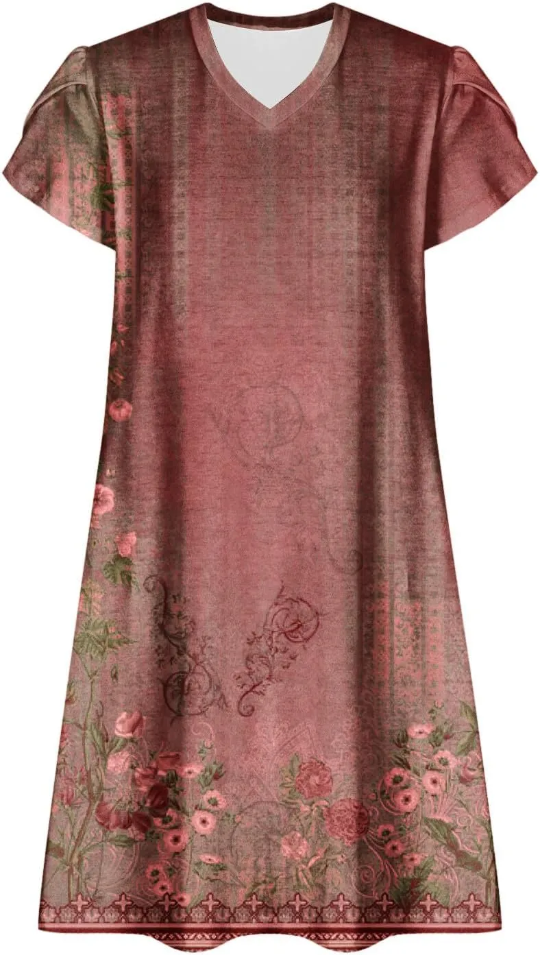Beach Dresses for Women Casual V-Neck Short Sleeve Bohemian Print Sundress Summer Floral Fashion Dress 2025