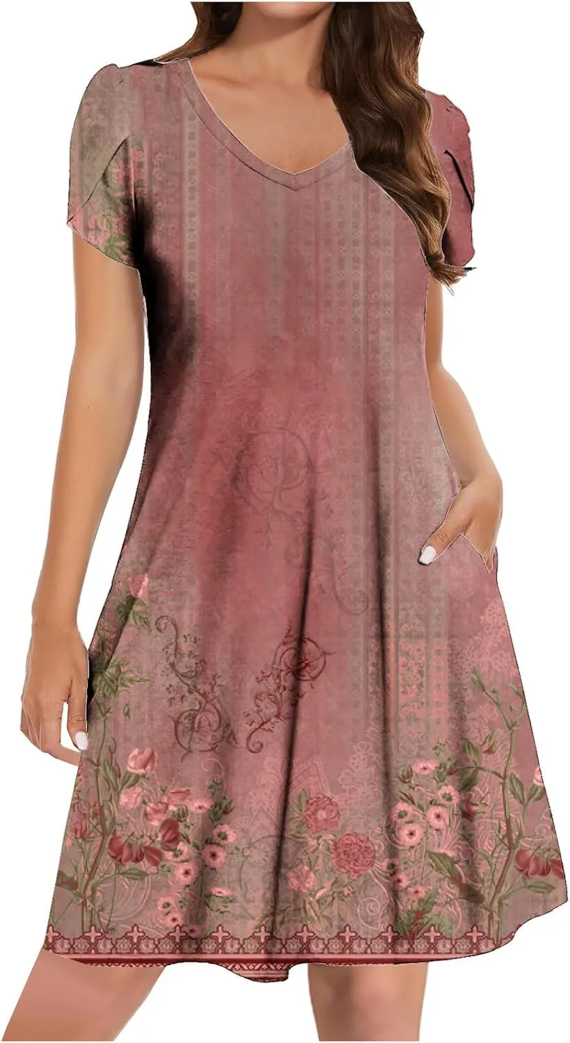 Beach Dresses for Women Casual V-Neck Short Sleeve Bohemian Print Sundress Summer Floral Fashion Dress 2025