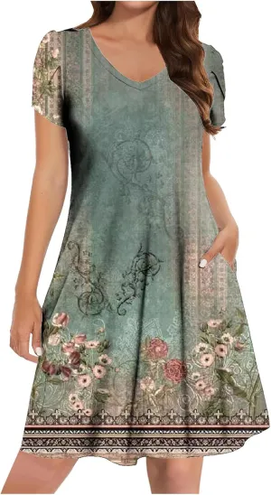 Beach Dresses for Women Casual V-Neck Short Sleeve Bohemian Print Sundress Summer Floral Fashion Dress 2025