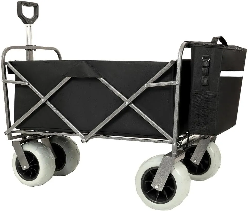 Beach Wagon with Big Wheels for Sand 500lbs Capacity - All Terrain Steel Frame Utility Cart with 9" Pneumatic Tires, Collapsible Folding Design,Strap with multiuse Bag,Black