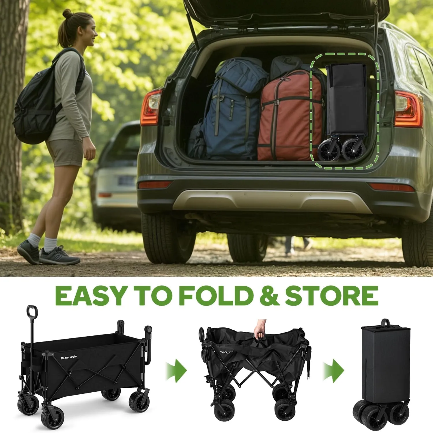 BEAU JARDIN Folding Push & Pull Beach Wagon 500 lbs Collapsible Foldable Wagons with Push Handle All Terrain Wheels Grocery Utility Camping Sports Garden Wagon Cart Black