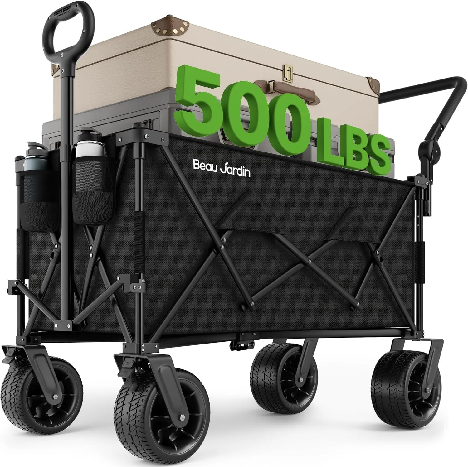 BEAU JARDIN Folding Push & Pull Beach Wagon 500 lbs Collapsible Foldable Wagons with Push Handle All Terrain Wheels Grocery Utility Camping Sports Garden Wagon Cart Black