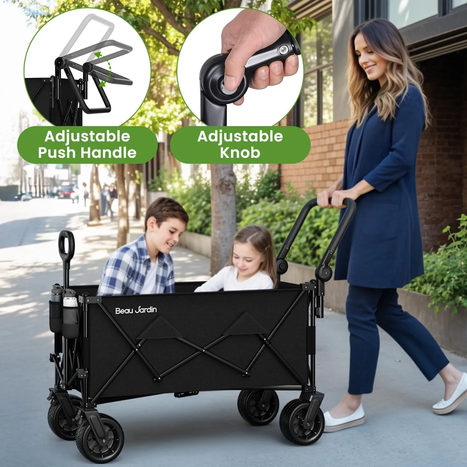 BEAU JARDIN Folding Push & Pull Beach Wagon 500 lbs Collapsible Foldable Wagons with Push Handle All Terrain Wheels Grocery Utility Camping Sports Garden Wagon Cart Black
