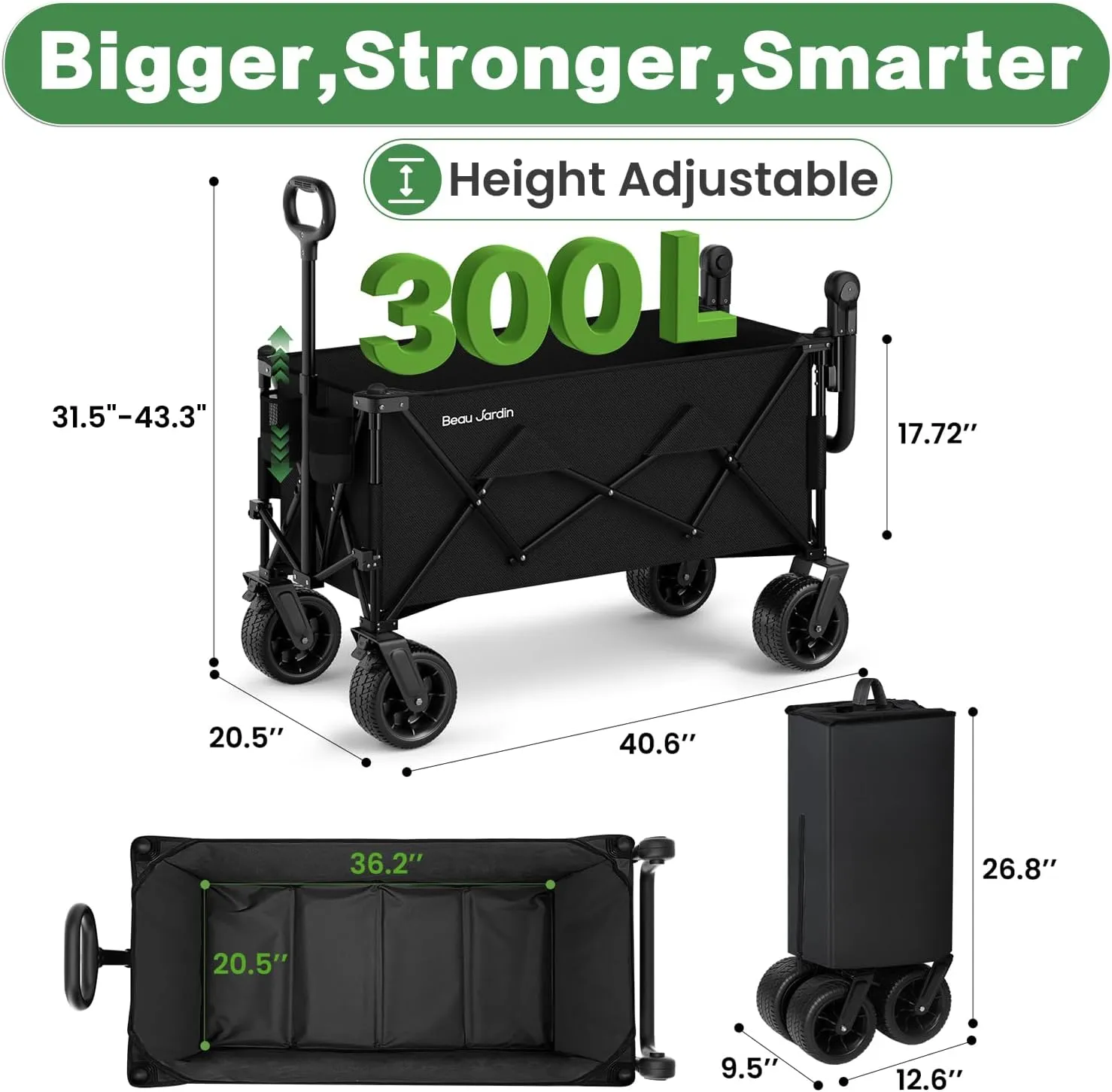 BEAU JARDIN Folding Push & Pull Beach Wagon 500 lbs Collapsible Foldable Wagons with Push Handle All Terrain Wheels Grocery Utility Camping Sports Garden Wagon Cart Black
