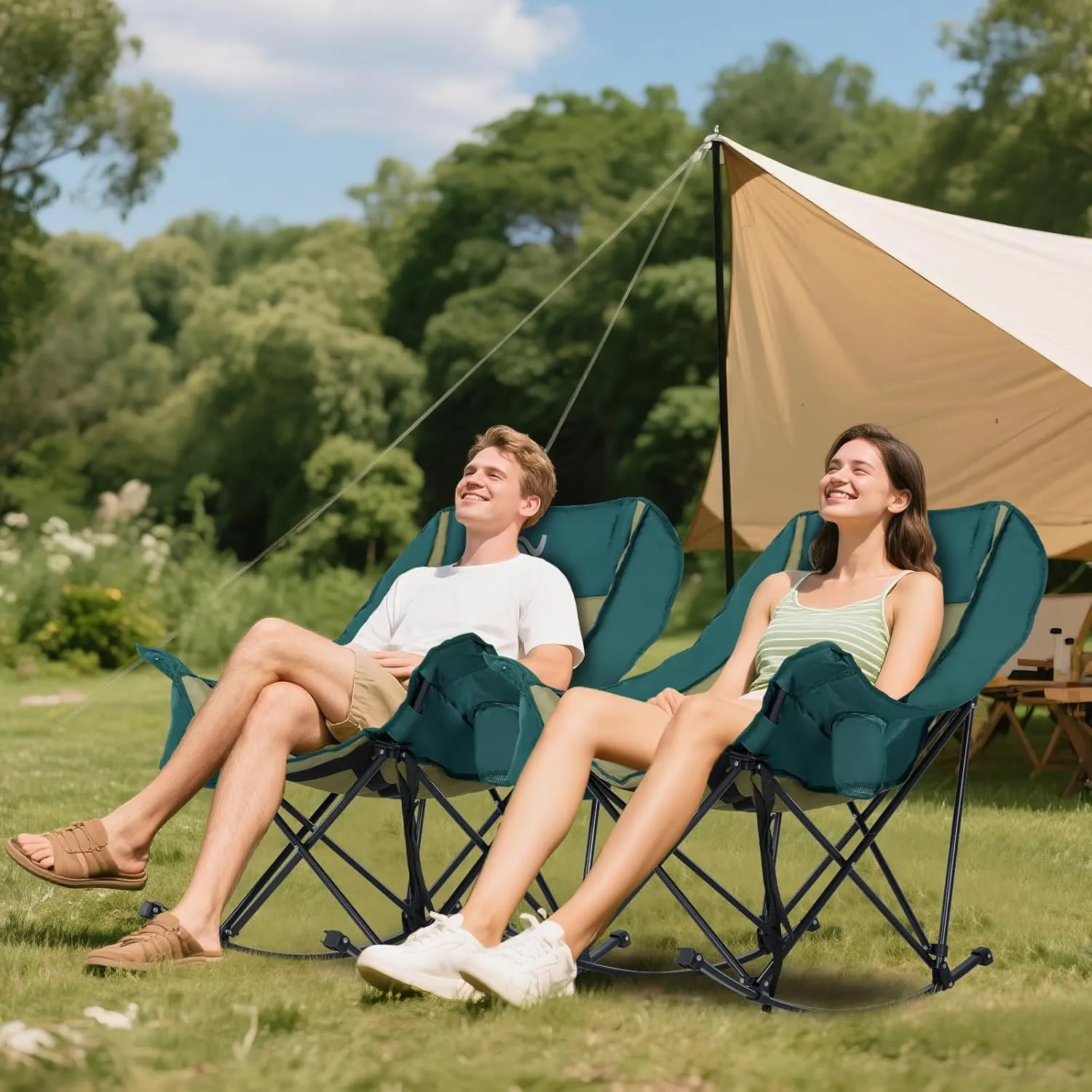 Begonia.K Oversized Rocking Camping Chair with Cooler Bag - Fully Padded Patio Chair with Side Pocket and Carry Bag - Outdoor Folding Lawn Recliner with Cup Holder for Adults - Heavy Duty 400 LBS