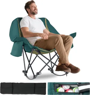 Begonia.K Oversized Rocking Camping Chair with Cooler Bag - Fully Padded Patio Chair with Side Pocket and Carry Bag - Outdoor Folding Lawn Recliner with Cup Holder for Adults - Heavy Duty 400 LBS