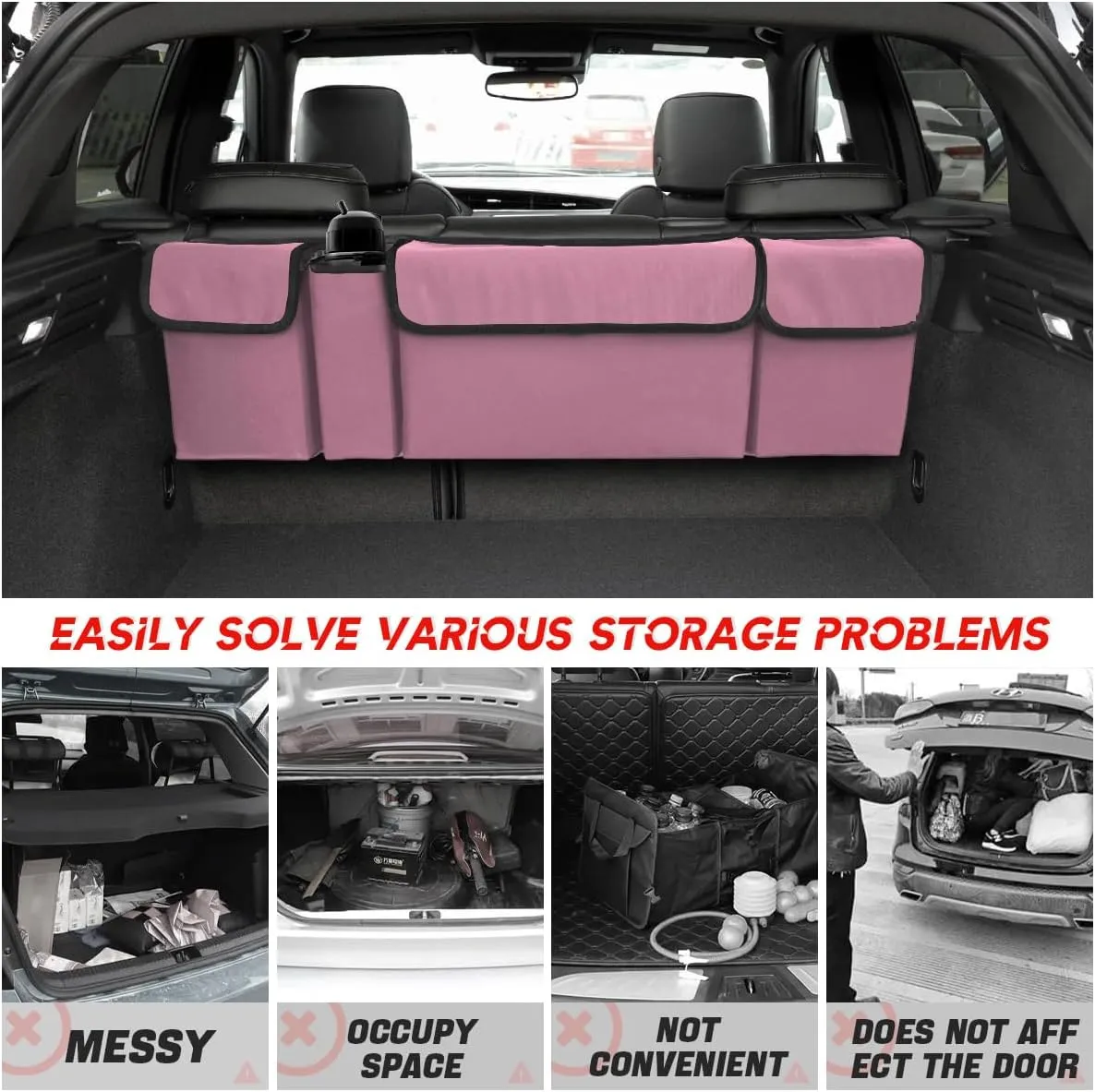 BELOMI Car Trunk Organizer, Auto Waterproof Sturdy Backseat Hanging Large Storage Collapsible Cargo Bag with Anti-Slip Adjustable Strip&4 Pockets, Vehicle Interior Accessories for Man Woman (Pink)