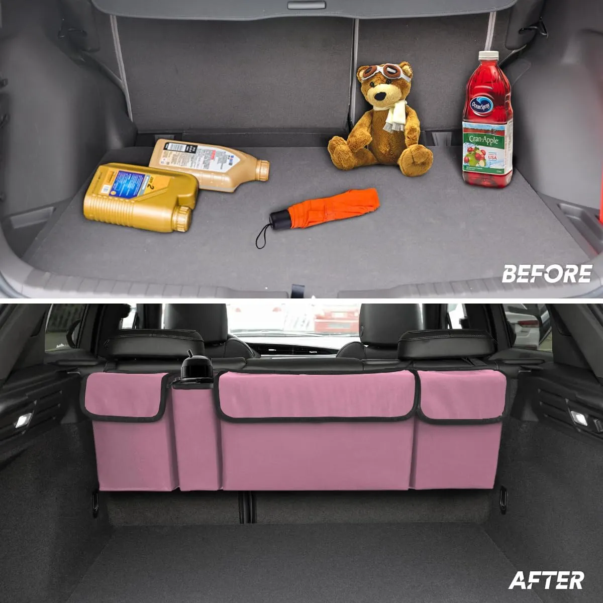BELOMI Car Trunk Organizer, Auto Waterproof Sturdy Backseat Hanging Large Storage Collapsible Cargo Bag with Anti-Slip Adjustable Strip&4 Pockets, Vehicle Interior Accessories for Man Woman (Pink)