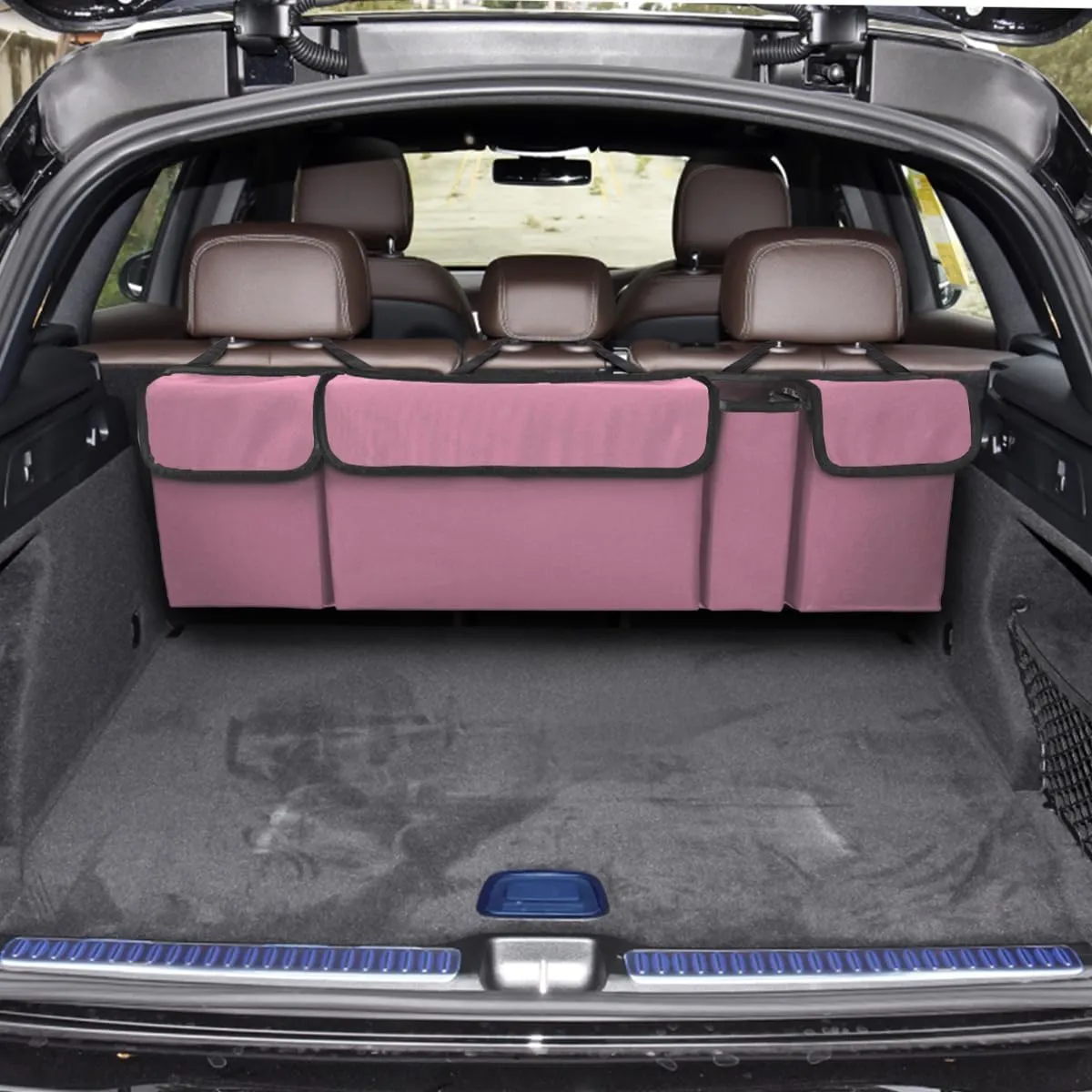 BELOMI Car Trunk Organizer, Auto Waterproof Sturdy Backseat Hanging Large Storage Collapsible Cargo Bag with Anti-Slip Adjustable Strip&4 Pockets, Vehicle Interior Accessories for Man Woman (Pink)