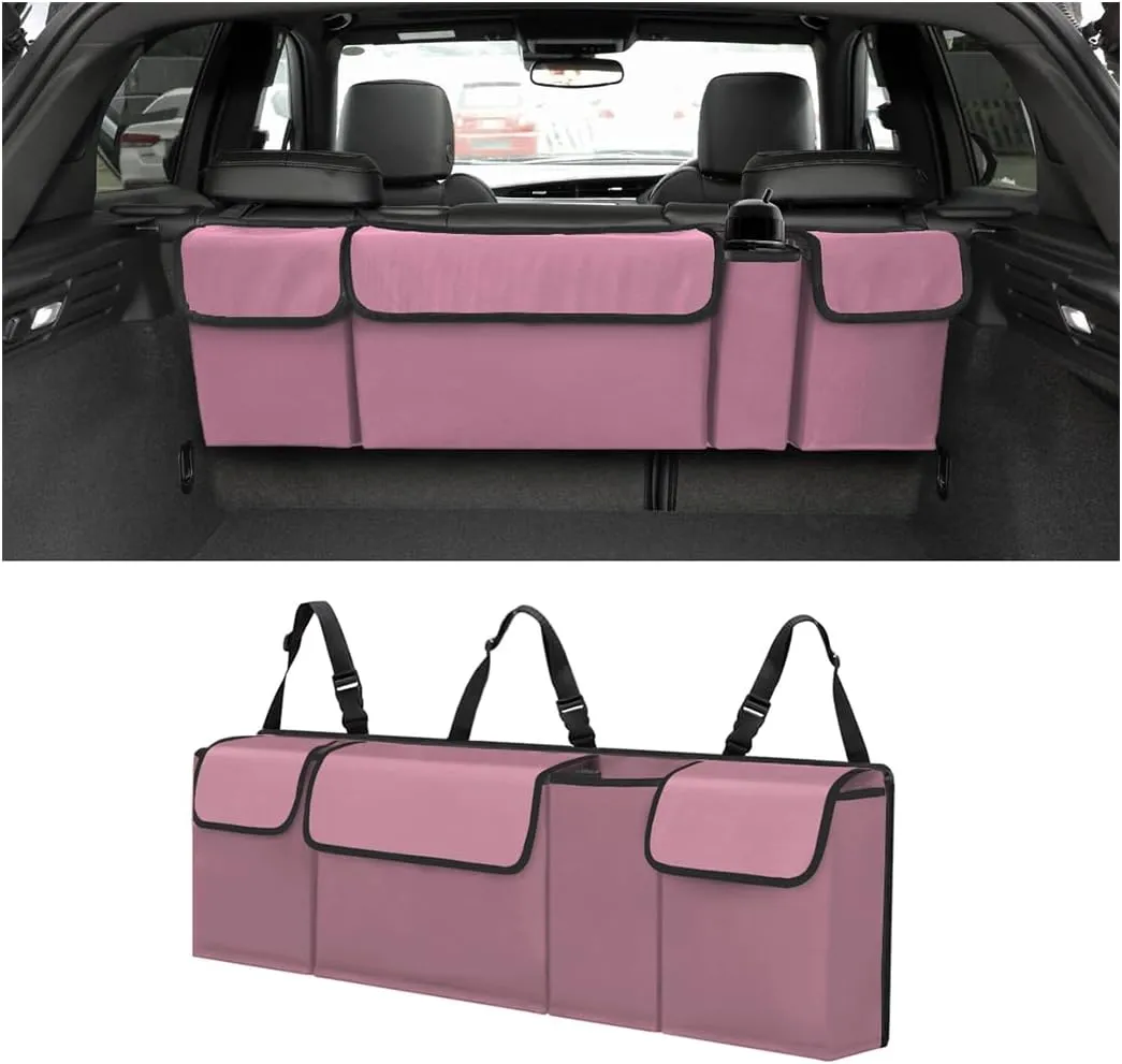 BELOMI Car Trunk Organizer, Auto Waterproof Sturdy Backseat Hanging Large Storage Collapsible Cargo Bag with Anti-Slip Adjustable Strip&4 Pockets, Vehicle Interior Accessories for Man Woman (Pink)