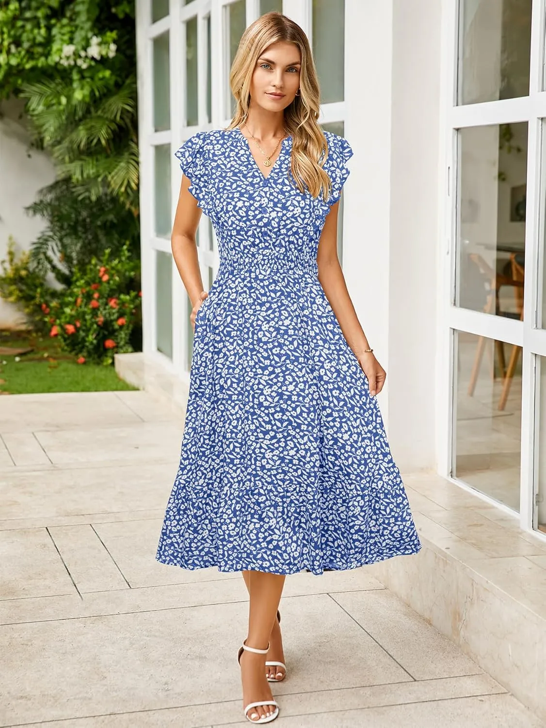 BerryGo Womens Summer Floral Maxi Dress Casual Boho V Neck Ruffle Short Sleeve Beach Long Dresses with Pockets
