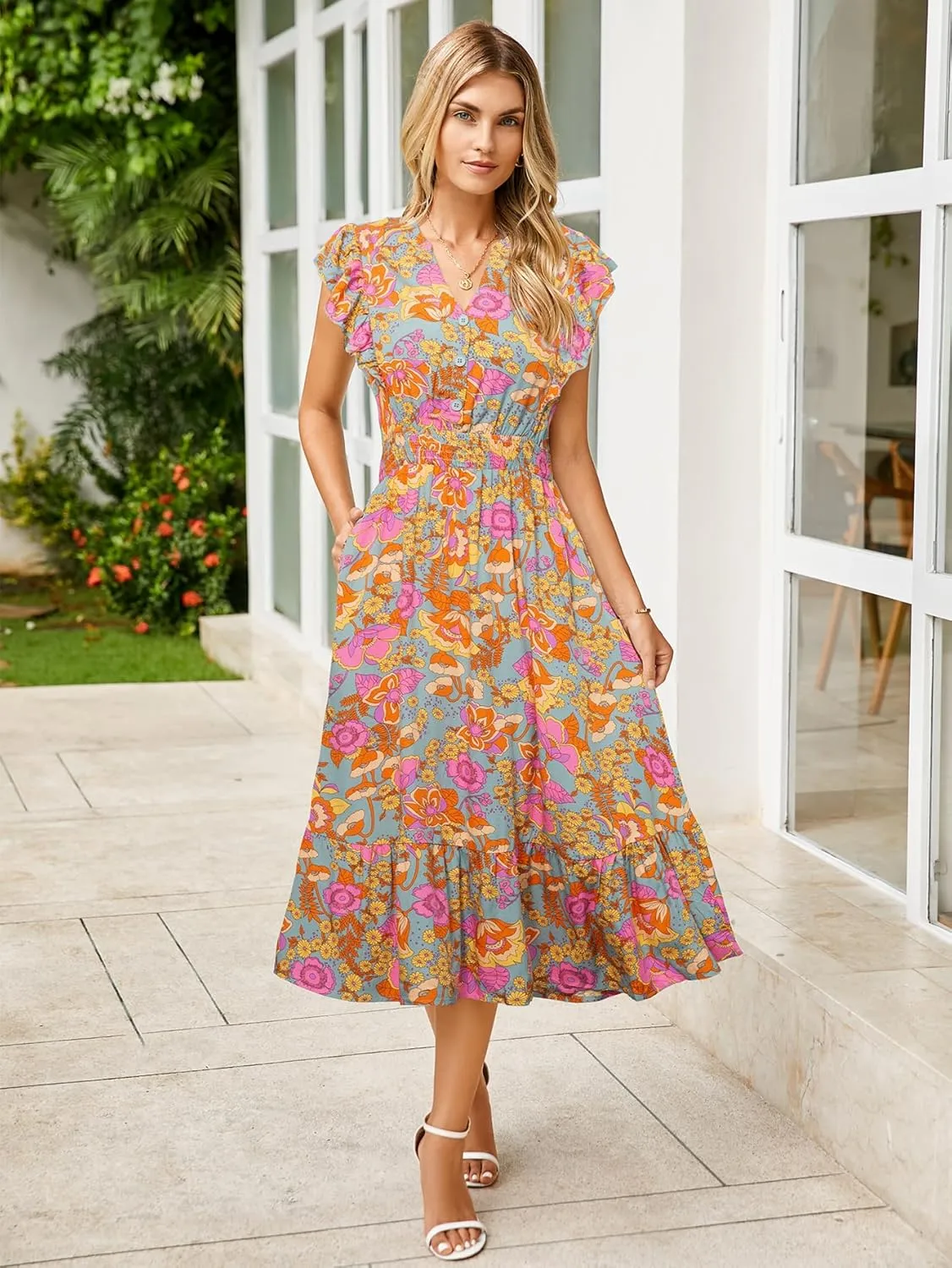 BerryGo Womens Summer Floral Maxi Dress Casual Boho V Neck Ruffle Short Sleeve Beach Long Dresses with Pockets