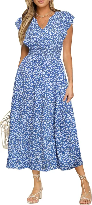 BerryGo Womens Summer Floral Maxi Dress Casual Boho V Neck Ruffle Short Sleeve Beach Long Dresses with Pockets