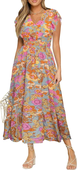 BerryGo Womens Summer Floral Maxi Dress Casual Boho V Neck Ruffle Short Sleeve Beach Long Dresses with Pockets