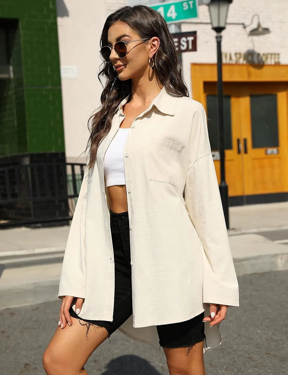 Bianstore Women's Oversized Linen Shirts Blouses Tops Long Sleeve High Low Button Up Shirts