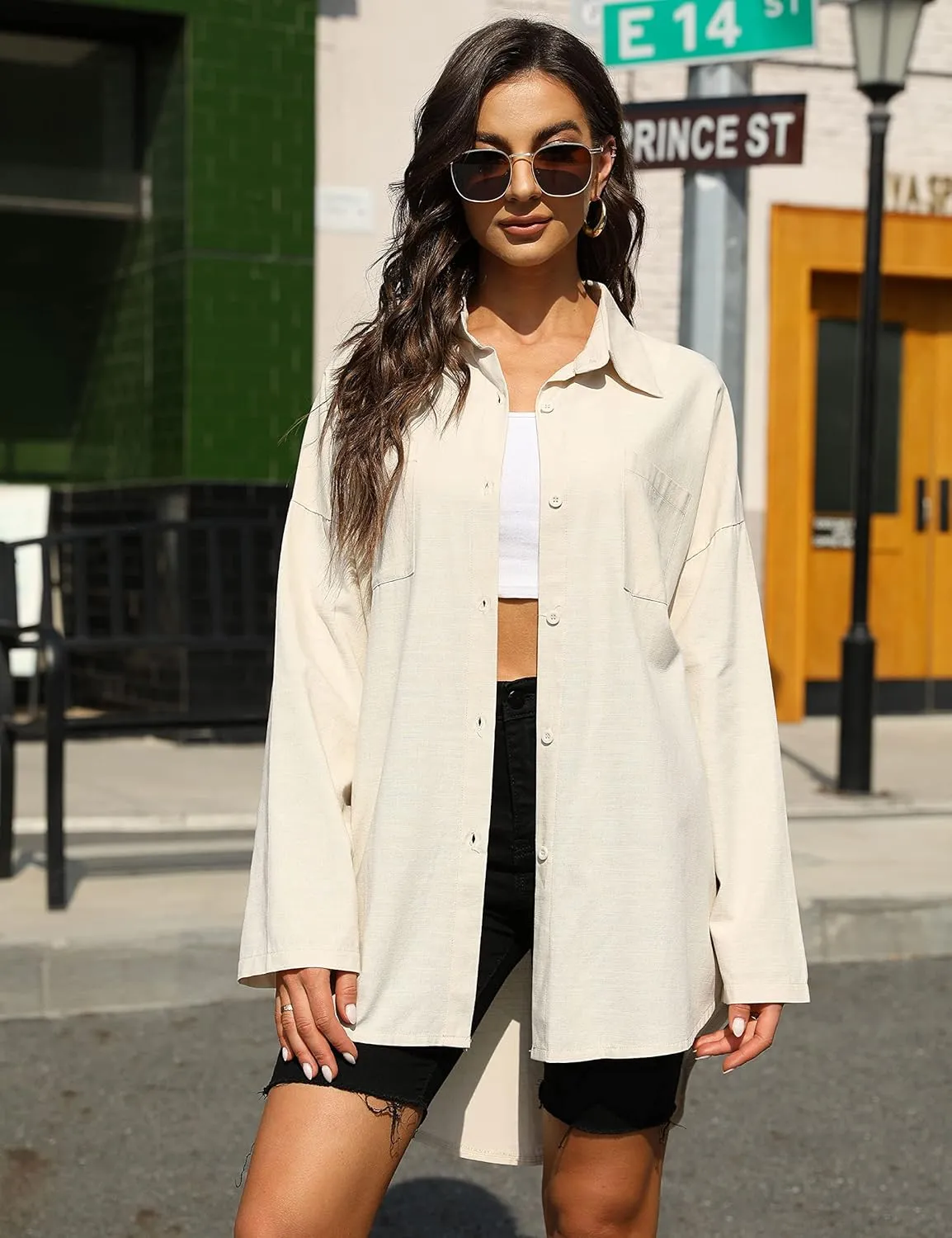 Bianstore Women's Oversized Linen Shirts Blouses Tops Long Sleeve High Low Button Up Shirts