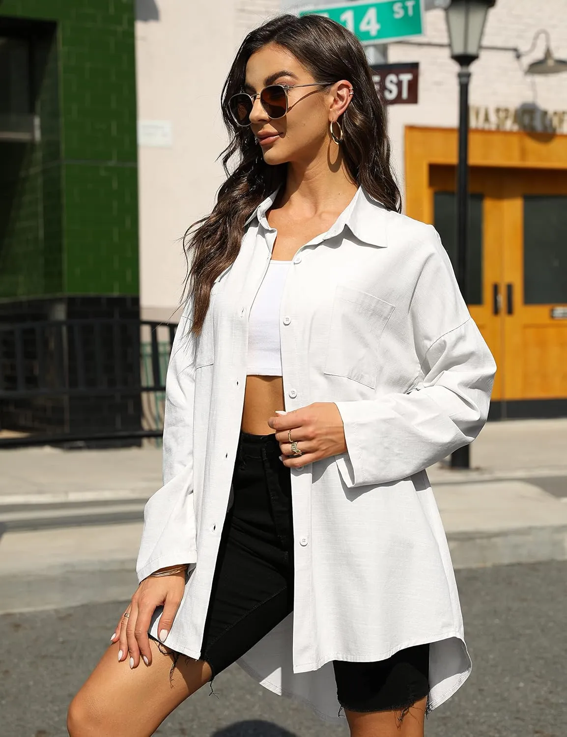 Bianstore Women's Oversized Linen Shirts Blouses Tops Long Sleeve High Low Button Up Shirts