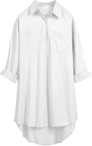 Bianstore Women's Oversized Linen Shirts Blouses Tops Long Sleeve High Low Button Up Shirts