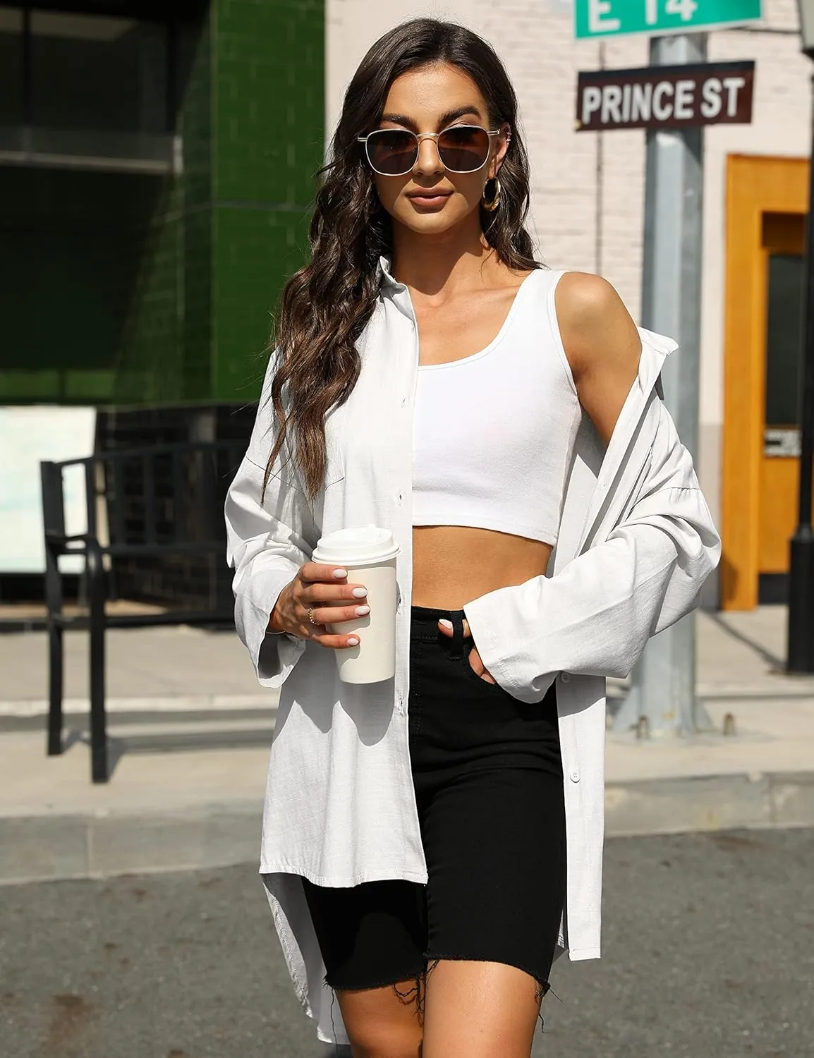 Bianstore Women's Oversized Linen Shirts Blouses Tops Long Sleeve High Low Button Up Shirts