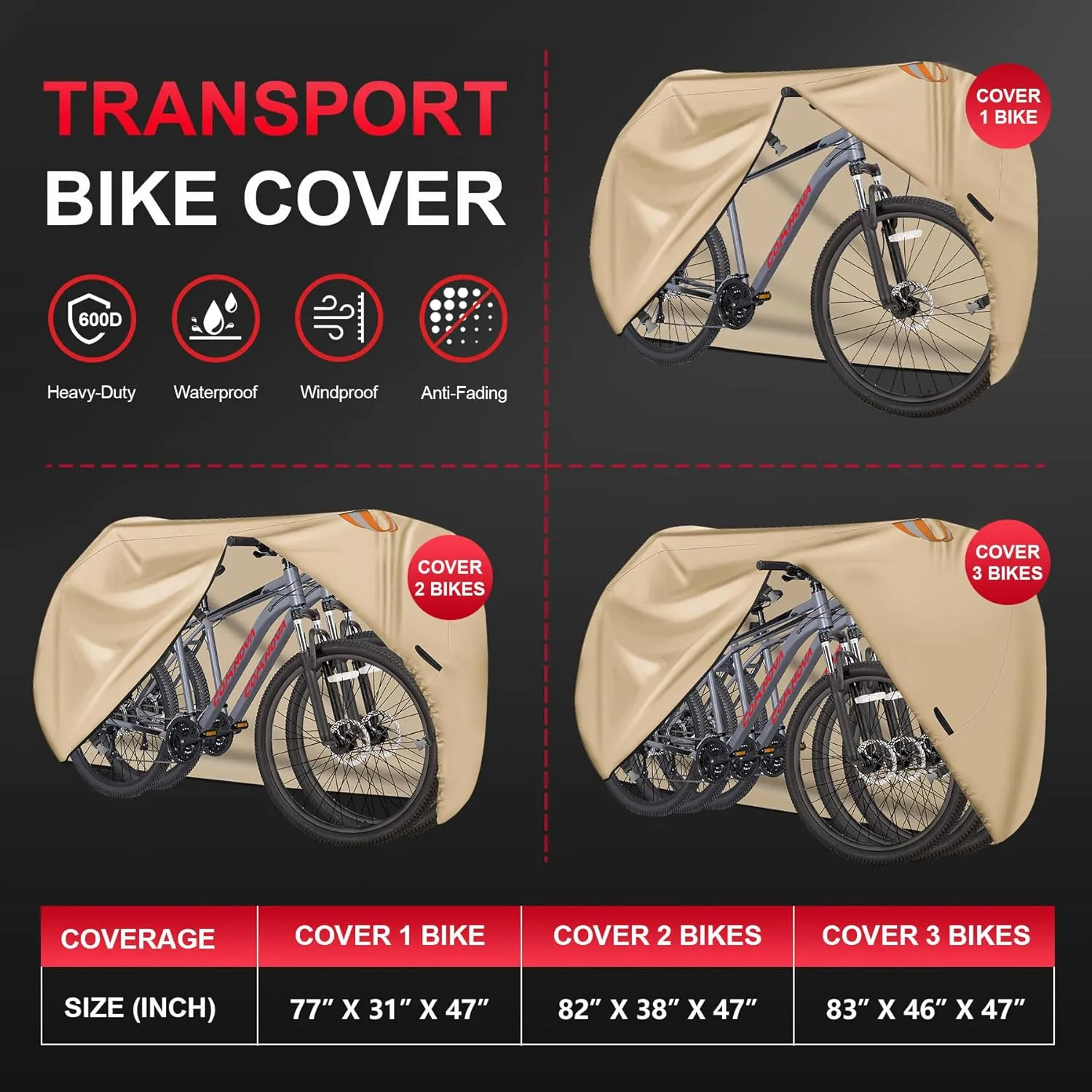 Bike Cover for Transport 3 Bikes - Outdoor Bike Covers for 3 Bikes on Rear Bike Rack Transport Waterproof Heavy Duty, 600D Bicycle Rack Cover for 3 Bikes on Car Hitch Travel Storage