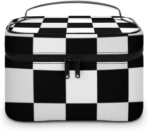 Black and White Checkered Print Cosmetic Bag, Travel Portable Makeup Bag for Purse Pouch Beauty Zipper Organizer Toiletry Bag for Women