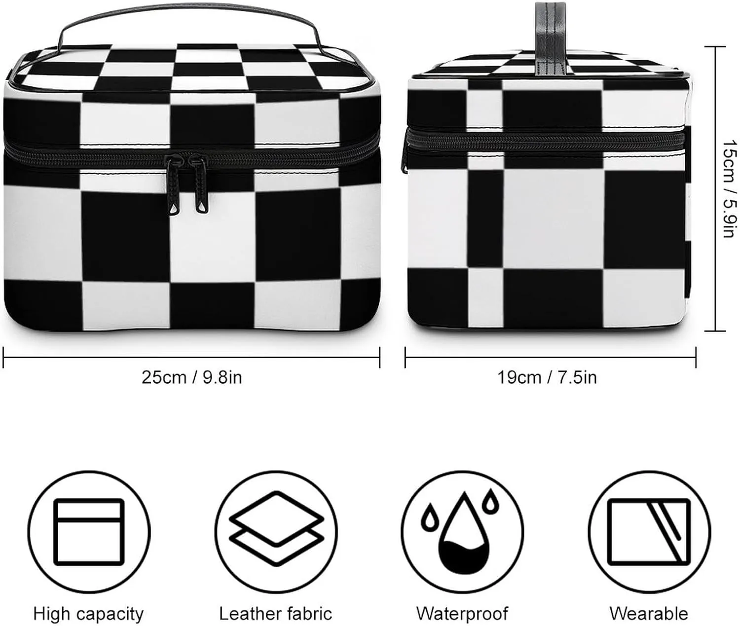 Black and White Checkered Print Cosmetic Bag, Travel Portable Makeup Bag for Purse Pouch Beauty Zipper Organizer Toiletry Bag for Women