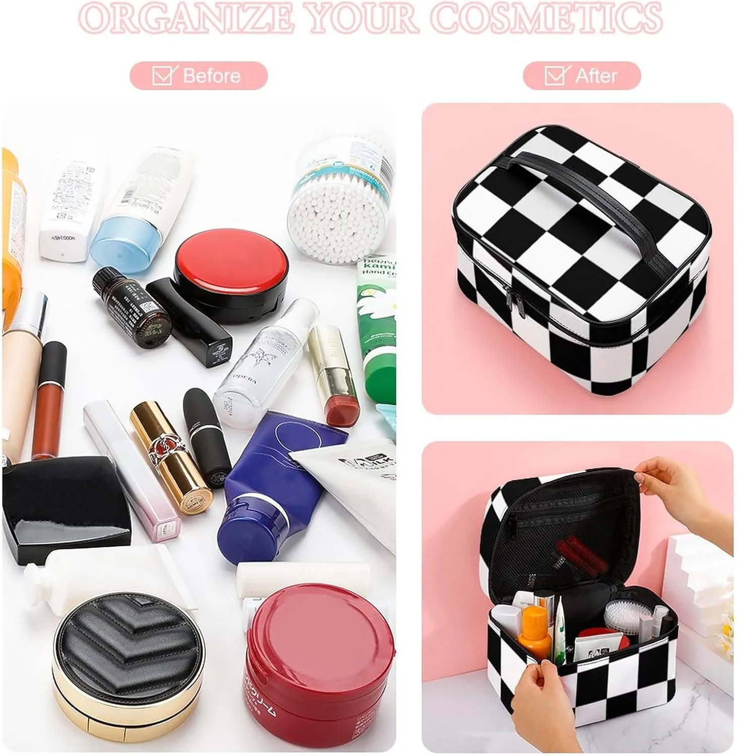 Black and White Checkered Print Cosmetic Bag, Travel Portable Makeup Bag for Purse Pouch Beauty Zipper Organizer Toiletry Bag for Women