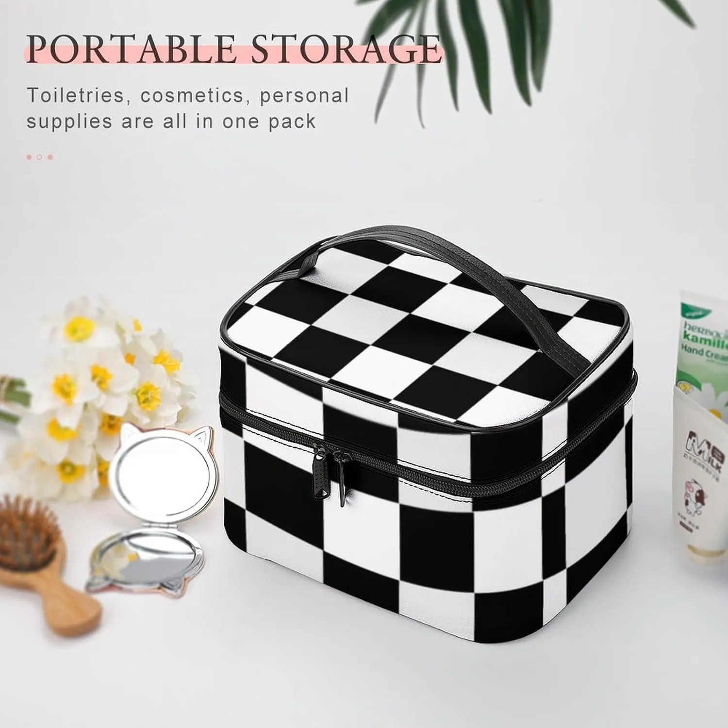 Black and White Checkered Print Cosmetic Bag, Travel Portable Makeup Bag for Purse Pouch Beauty Zipper Organizer Toiletry Bag for Women