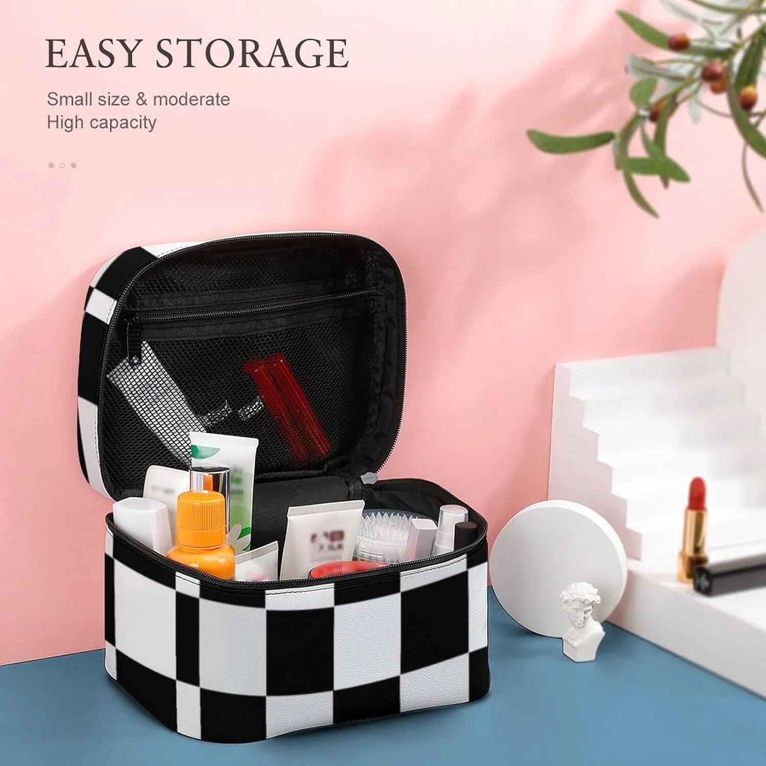 Black and White Checkered Print Cosmetic Bag, Travel Portable Makeup Bag for Purse Pouch Beauty Zipper Organizer Toiletry Bag for Women