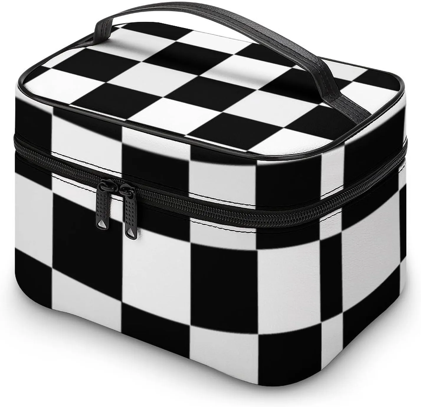 Black and White Checkered Print Cosmetic Bag, Travel Portable Makeup Bag for Purse Pouch Beauty Zipper Organizer Toiletry Bag for Women