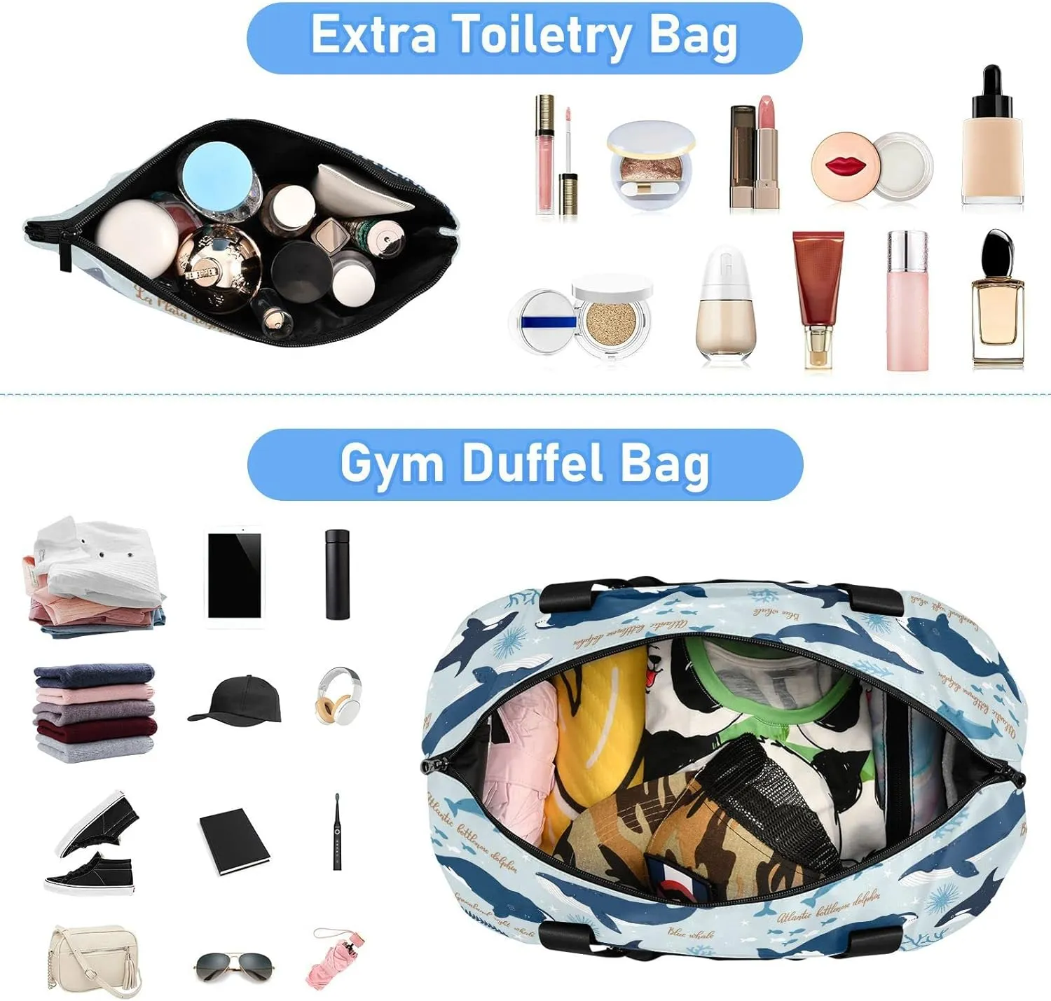 Black Grey White Marine Sea Whales, Blue Seaweeds on Blue Gym Duffel Bag, Polyester Travel Weekender Luggage Handbag with Waterproof Pocket for Wet Items, Unisex Foldable Tote for Sports