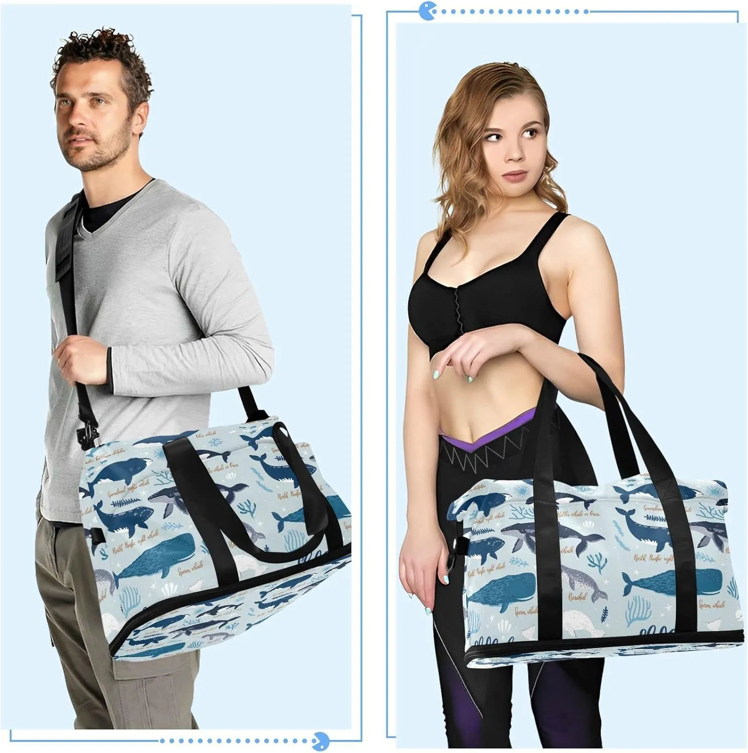 Black Grey White Marine Sea Whales, Blue Seaweeds on Blue Gym Duffel Bag, Polyester Travel Weekender Luggage Handbag with Waterproof Pocket for Wet Items, Unisex Foldable Tote for Sports