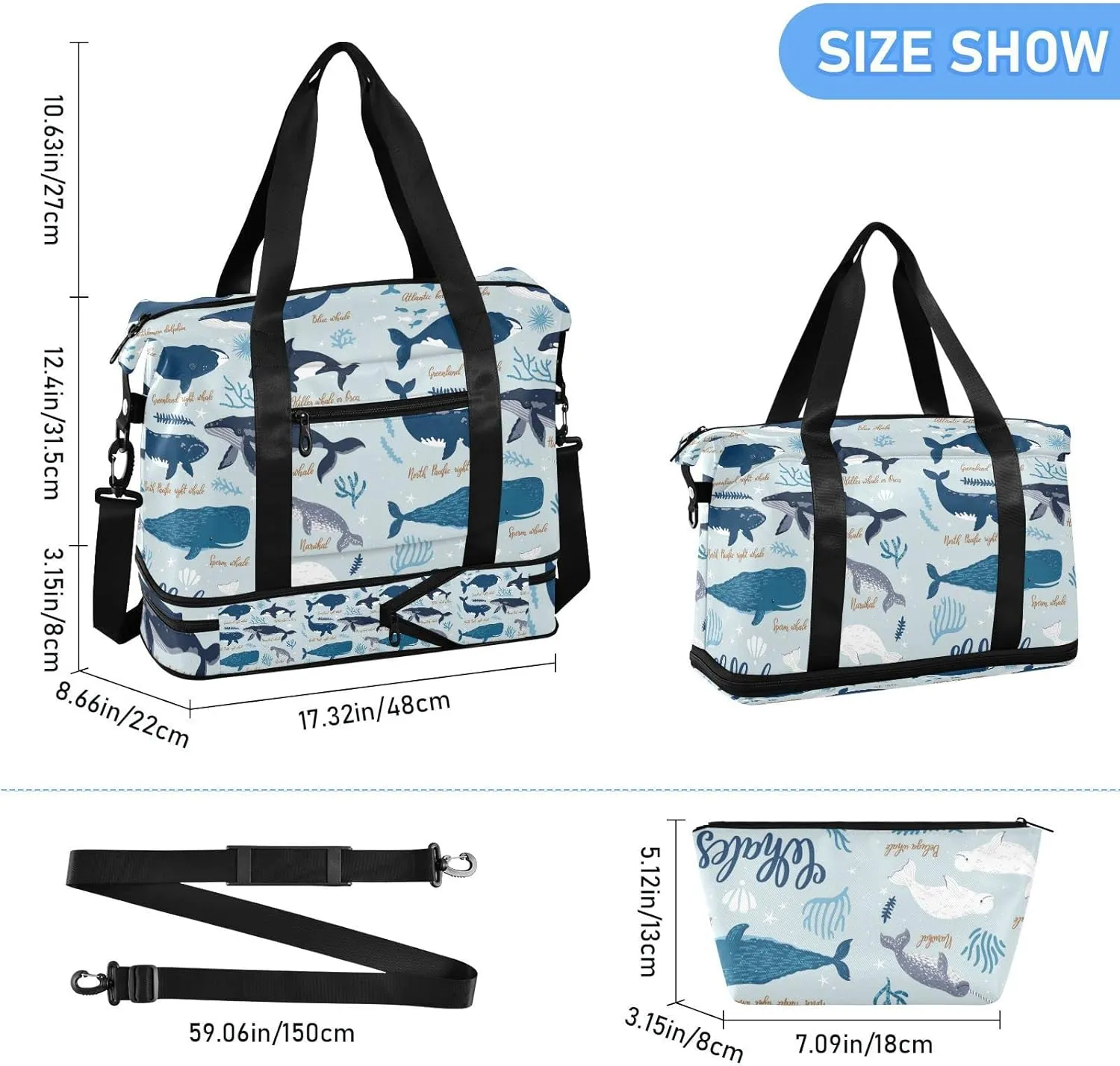 Black Grey White Marine Sea Whales, Blue Seaweeds on Blue Gym Duffel Bag, Polyester Travel Weekender Luggage Handbag with Waterproof Pocket for Wet Items, Unisex Foldable Tote for Sports