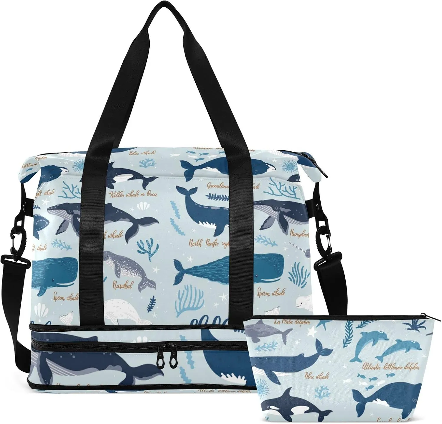 Black Grey White Marine Sea Whales, Blue Seaweeds on Blue Gym Duffel Bag, Polyester Travel Weekender Luggage Handbag with Waterproof Pocket for Wet Items, Unisex Foldable Tote for Sports