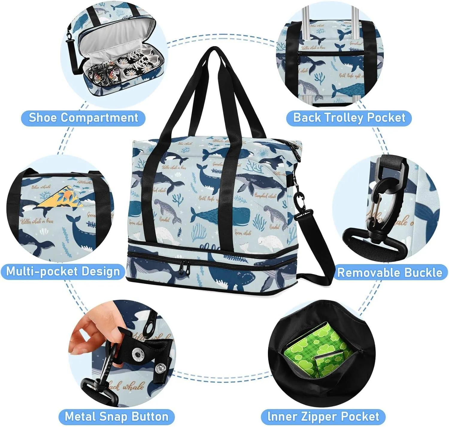 Black Grey White Marine Sea Whales, Blue Seaweeds on Blue Gym Duffel Bag, Polyester Travel Weekender Luggage Handbag with Waterproof Pocket for Wet Items, Unisex Foldable Tote for Sports