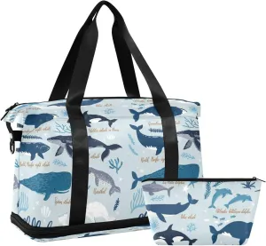 Black Grey White Marine Sea Whales, Blue Seaweeds on Blue Gym Duffel Bag, Polyester Travel Weekender Luggage Handbag with Waterproof Pocket for Wet Items, Unisex Foldable Tote for Sports