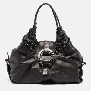 Black Leather Crystals Embellished Chandra Hobo