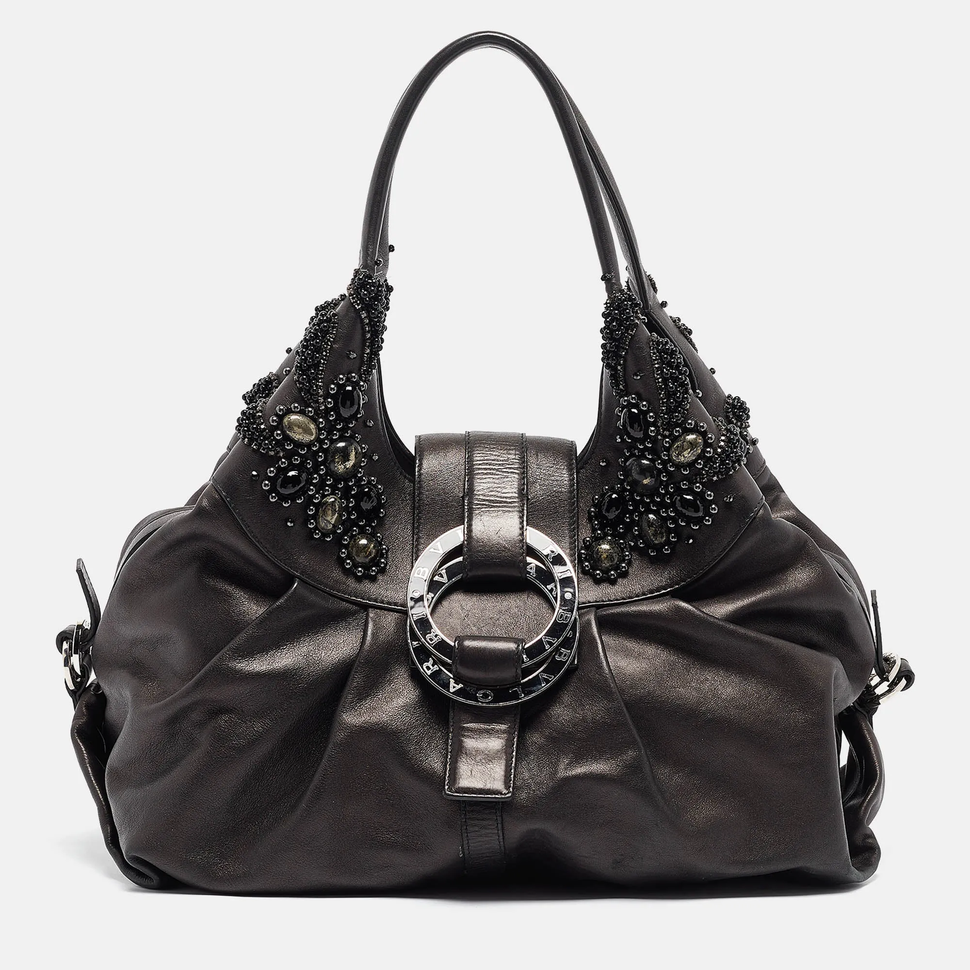 Black Leather Crystals Embellished Chandra Hobo
