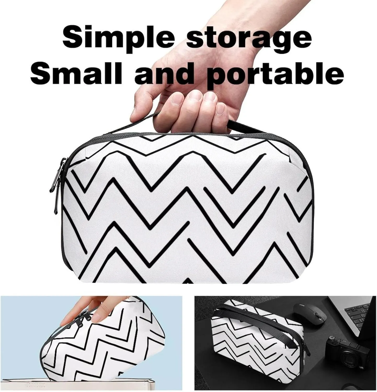 Black Line Art Zigzag Pattern Electronics Organizer, Cord Cable Storage Bag Waterproof for Home Travelling, Electronic Accessories Case for Charge Mouse USB SD Card Hard Drives