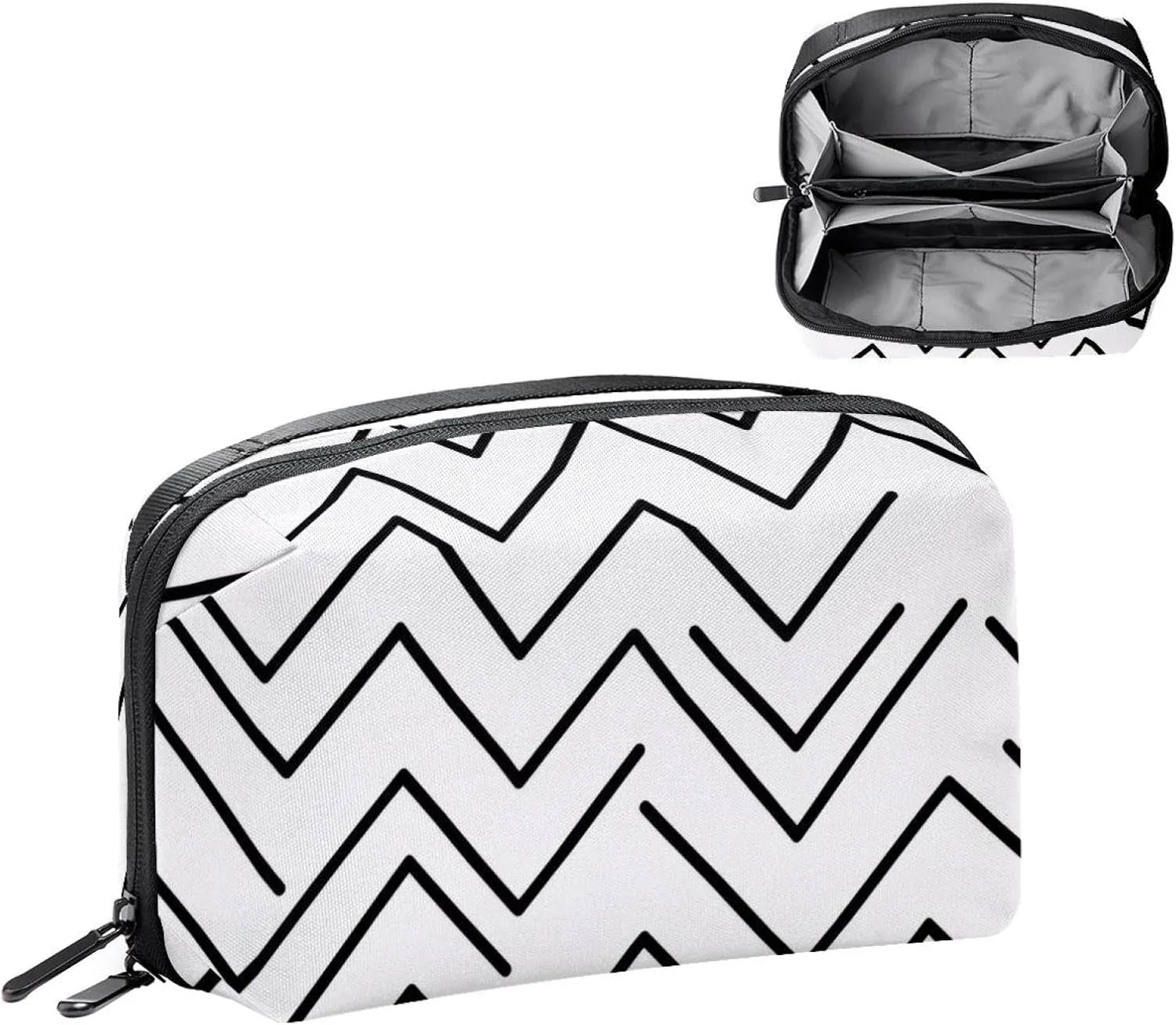 Black Line Art Zigzag Pattern Electronics Organizer, Cord Cable Storage Bag Waterproof for Home Travelling, Electronic Accessories Case for Charge Mouse USB SD Card Hard Drives