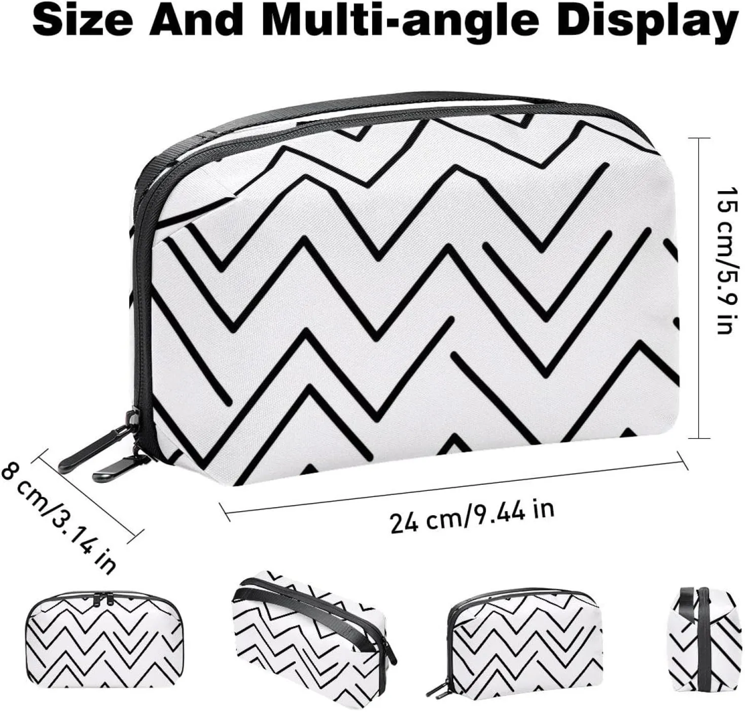 Black Line Art Zigzag Pattern Electronics Organizer, Cord Cable Storage Bag Waterproof for Home Travelling, Electronic Accessories Case for Charge Mouse USB SD Card Hard Drives