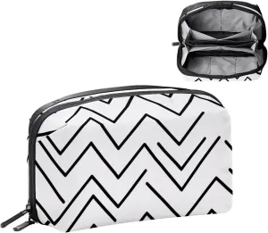 Black Line Art Zigzag Pattern Electronics Organizer, Cord Cable Storage Bag Waterproof for Home Travelling, Electronic Accessories Case for Charge Mouse USB SD Card Hard Drives