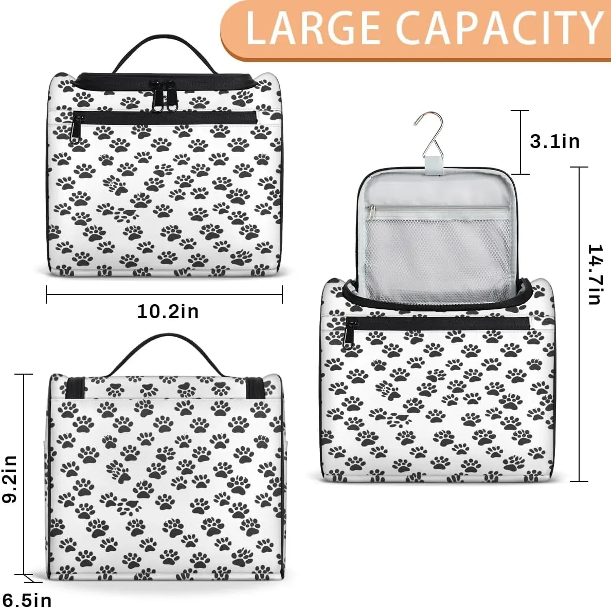 Black White Paw Print Toiletry Bag for Women and Men, Hanging Travel Makeup Bag, Cute Dog Cat Pet Paw Travel Toiletry Organizer Bag, Makeup Organizer Bag for Cosmetics